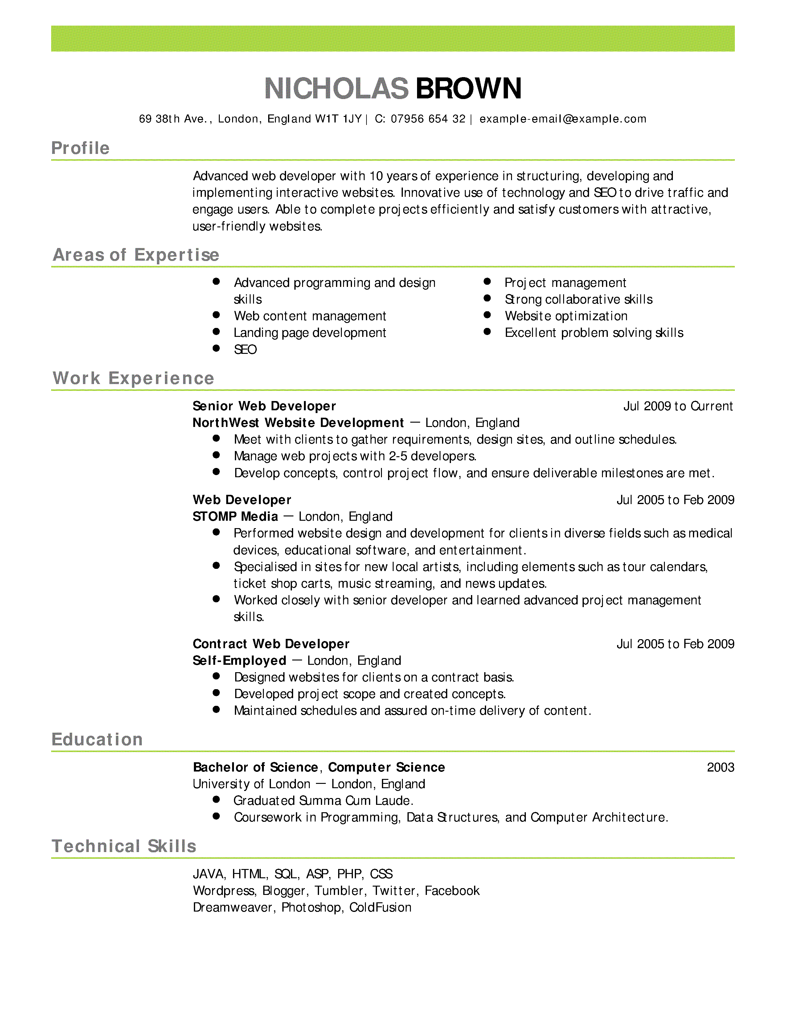 example of a cv for a student in university